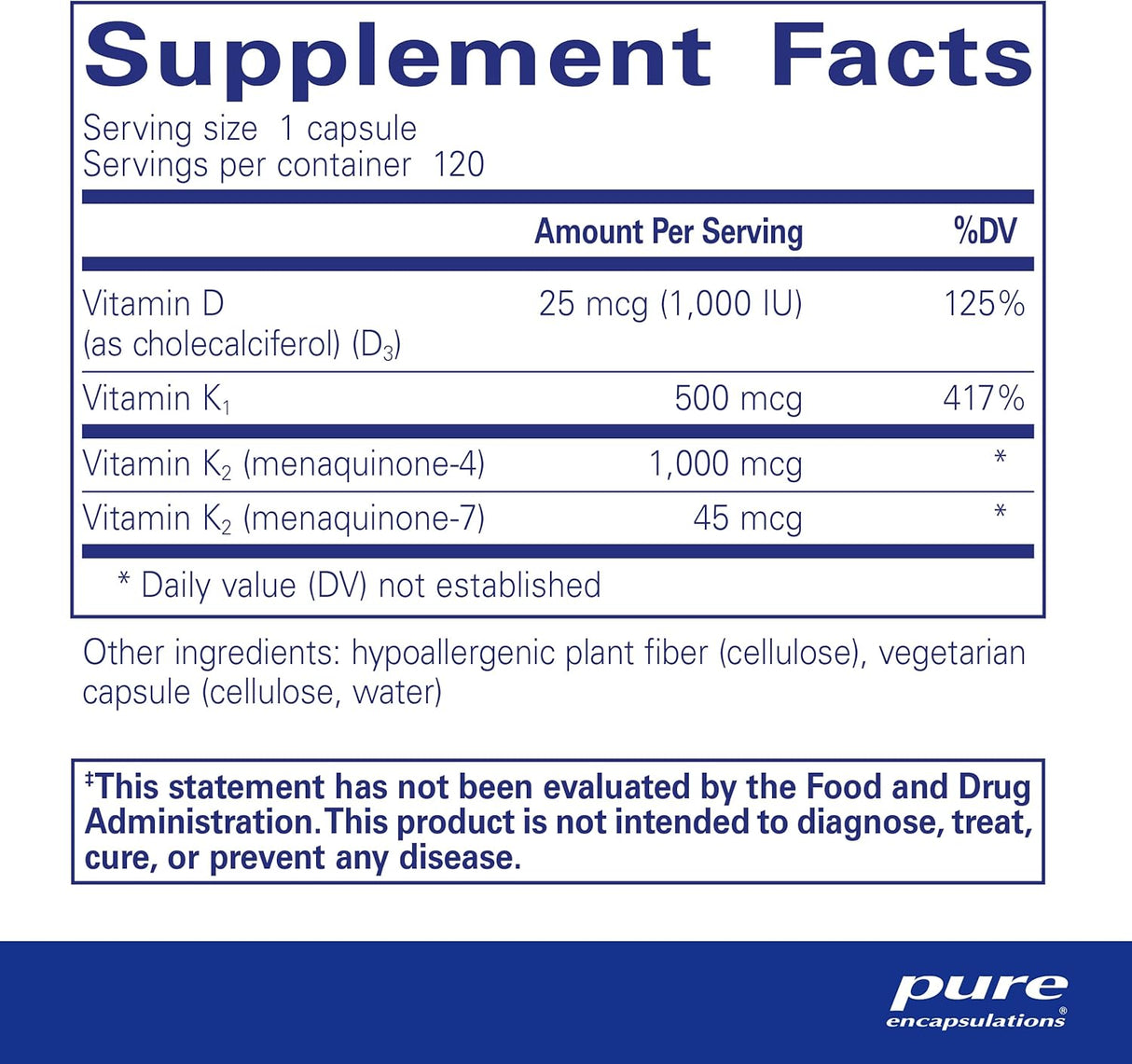 Synergy K de Pure Encapsulations, con K1, K2 y D3, 120 cápsulas