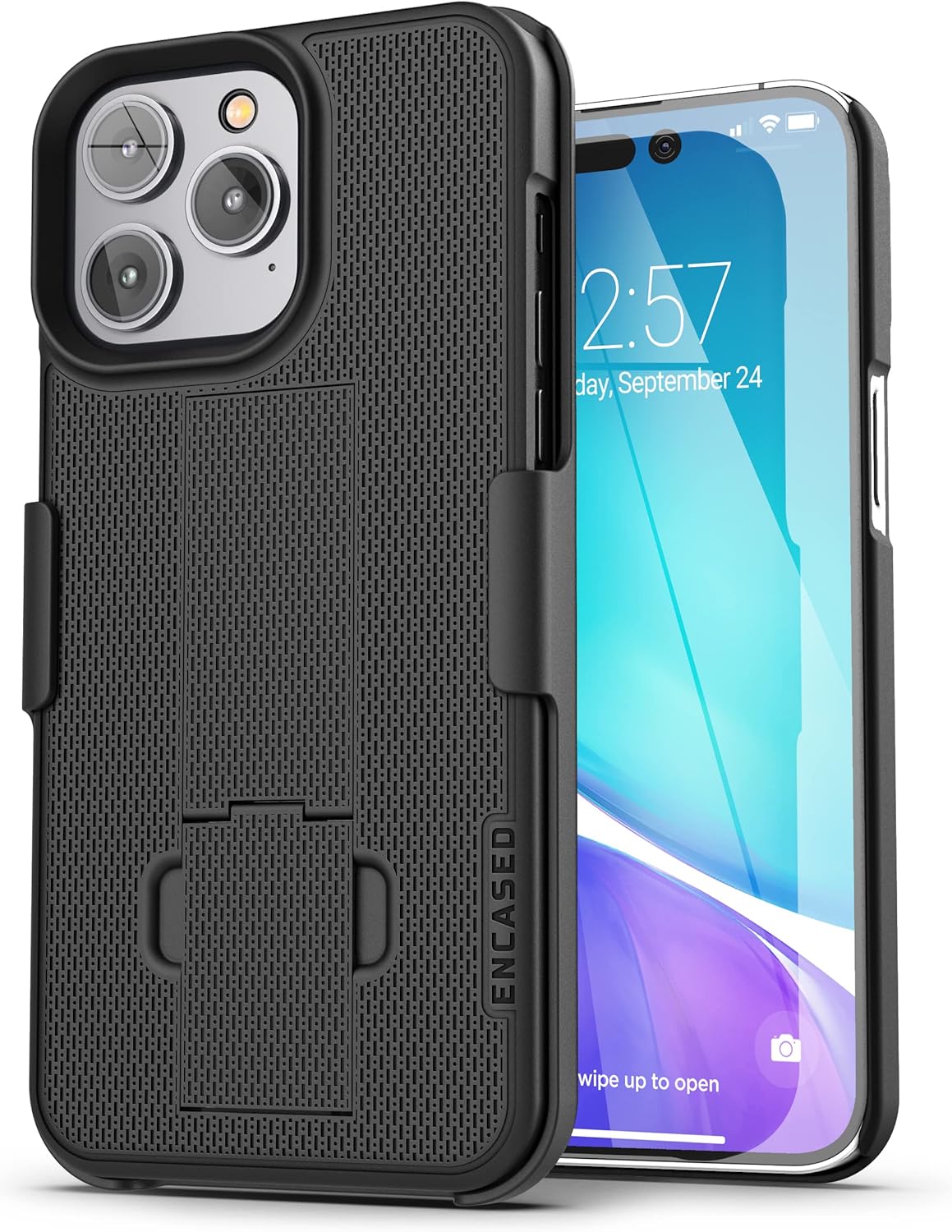 Encased DuraClip - Funda diseñada para iPhone 14 PRO con clip para cinturón y soporte (negro mate)