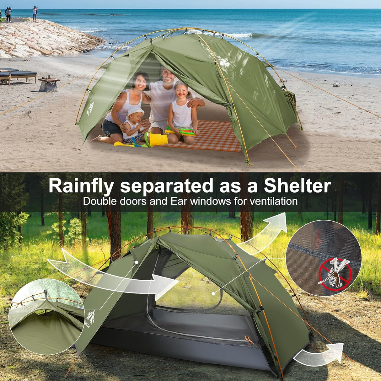 Tienda de campaña 2 personas Night Cat, impermeable, liviana, 7x4.4ft