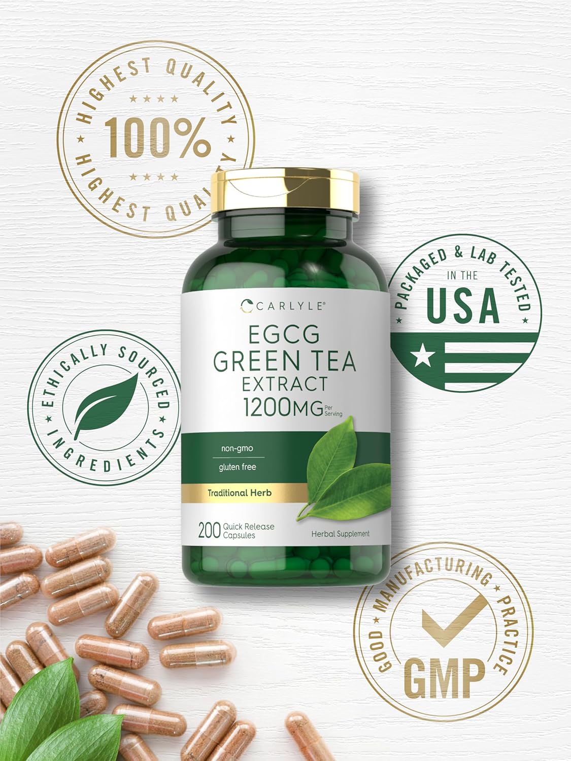 Suplemento de extracto de té verde Carlyle EGCG 1200mg 200 cápsulas