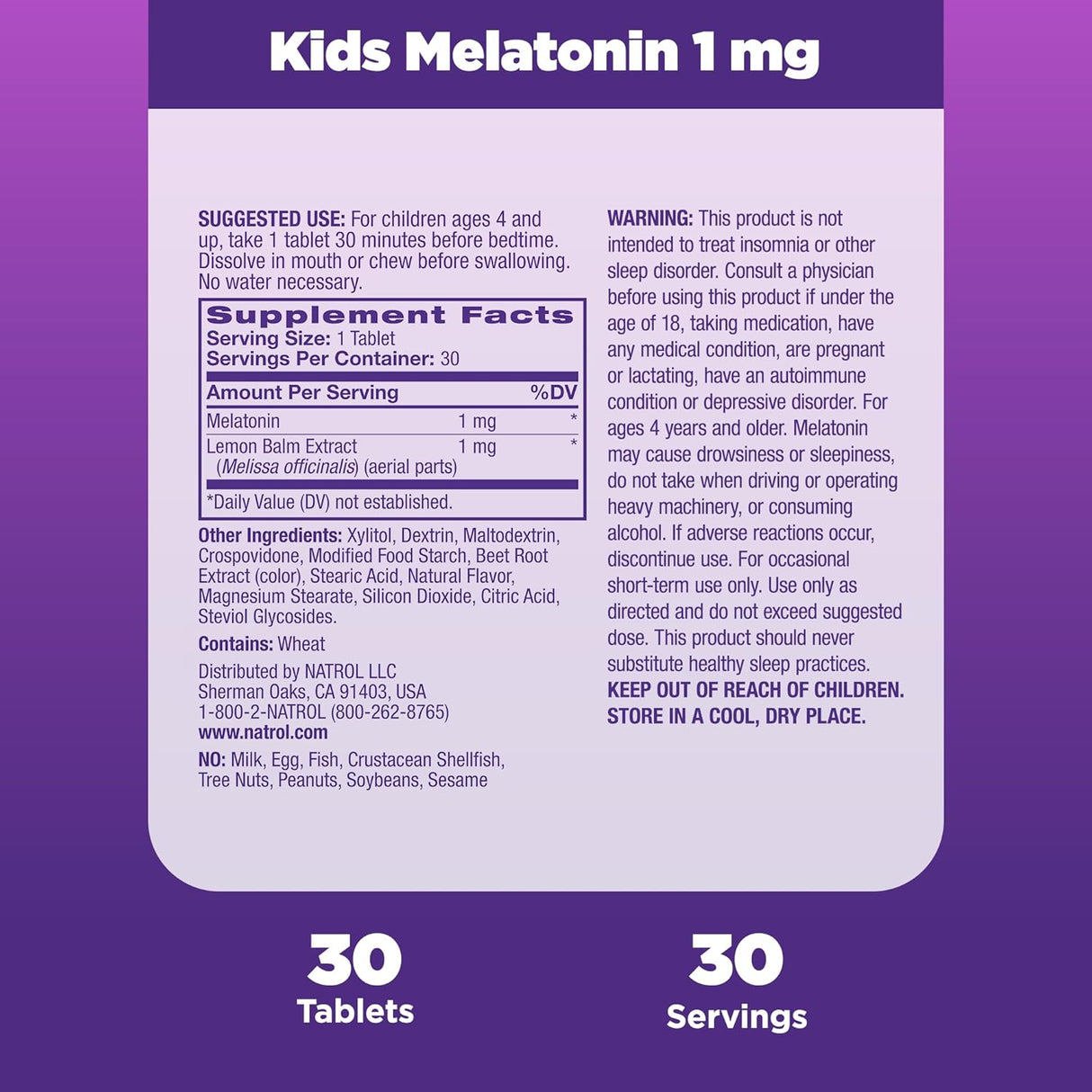 Melatonina Natrol Kids 1 mg, 30 tabletas de sueño, sabor fresa