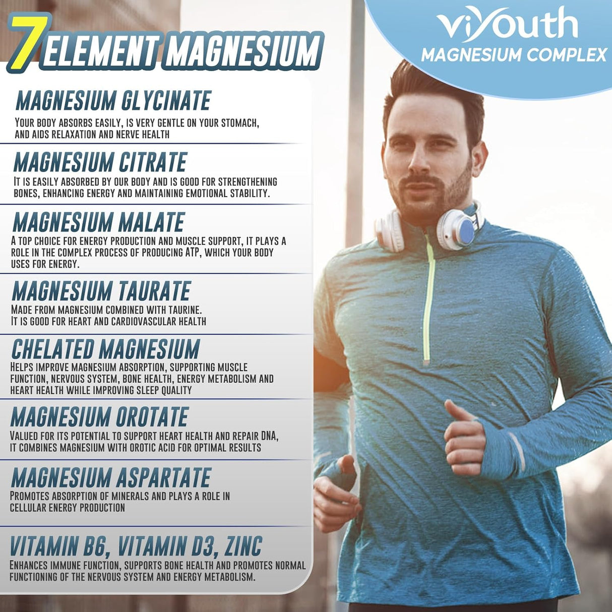 Suplemento de Glicinato de Magnesio 7 Complejo con Zinc, D3 y B6