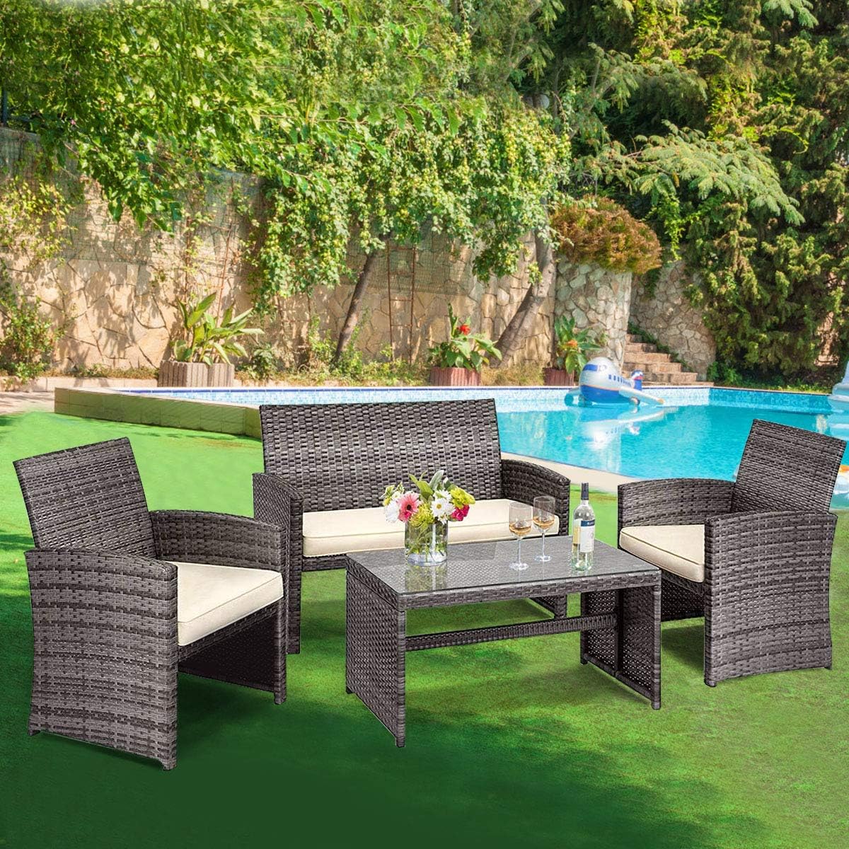 Goplus Juego de muebles de ratán para patio, 4 piezas, sofá y mesa de mimbre para exteriores con cojines suaves y mesa de centro de vidrio templado para balcón, jardín, patio trasero (beige (mimbre de color mixto))