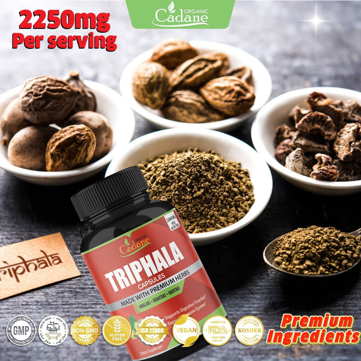 Suplemento orgánico Triphala 3 polvos de frutas 3000 mg 120u