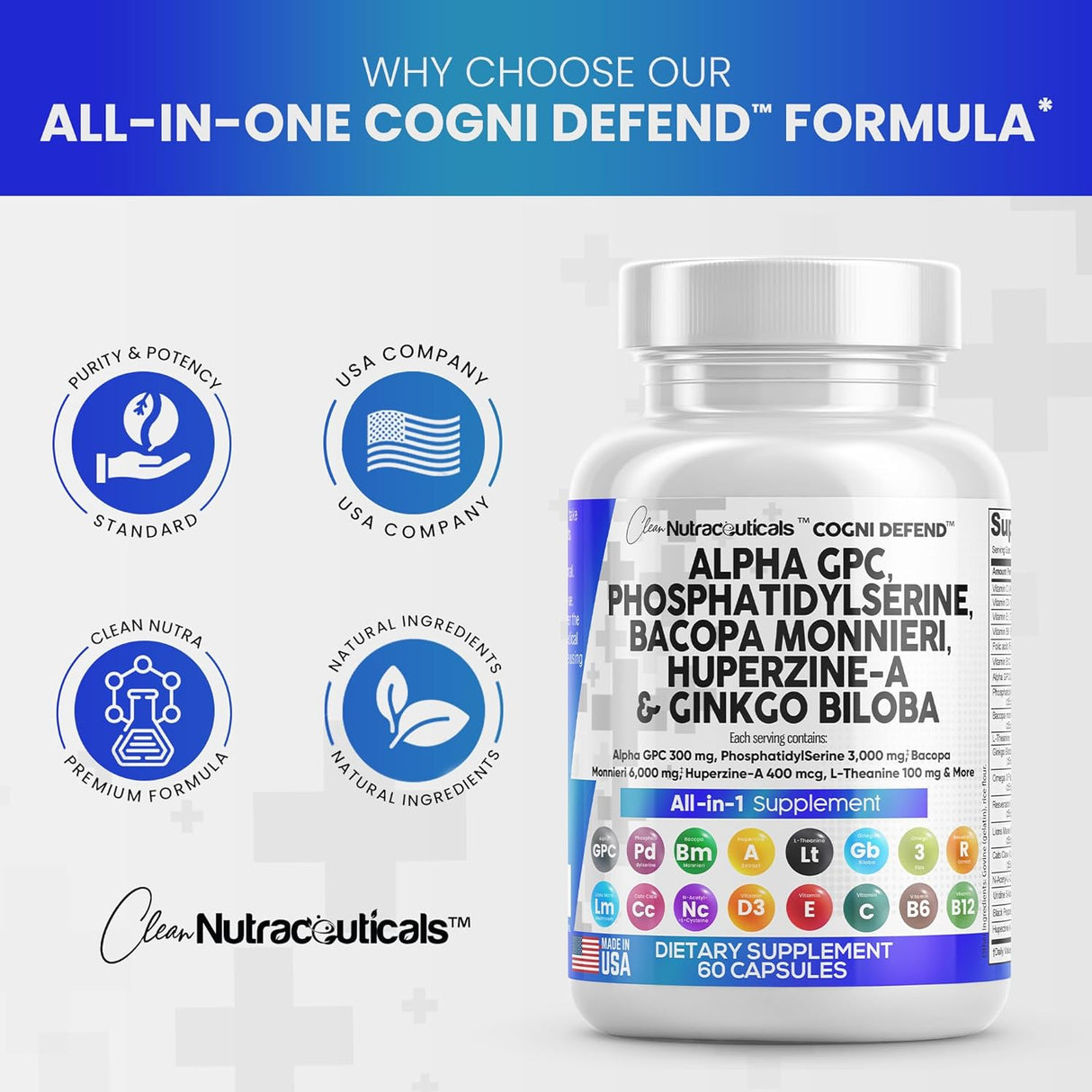 Suplemento de Nootrópicos con Alpha GPC, Bacopa, Ginkgo y Vitaminas