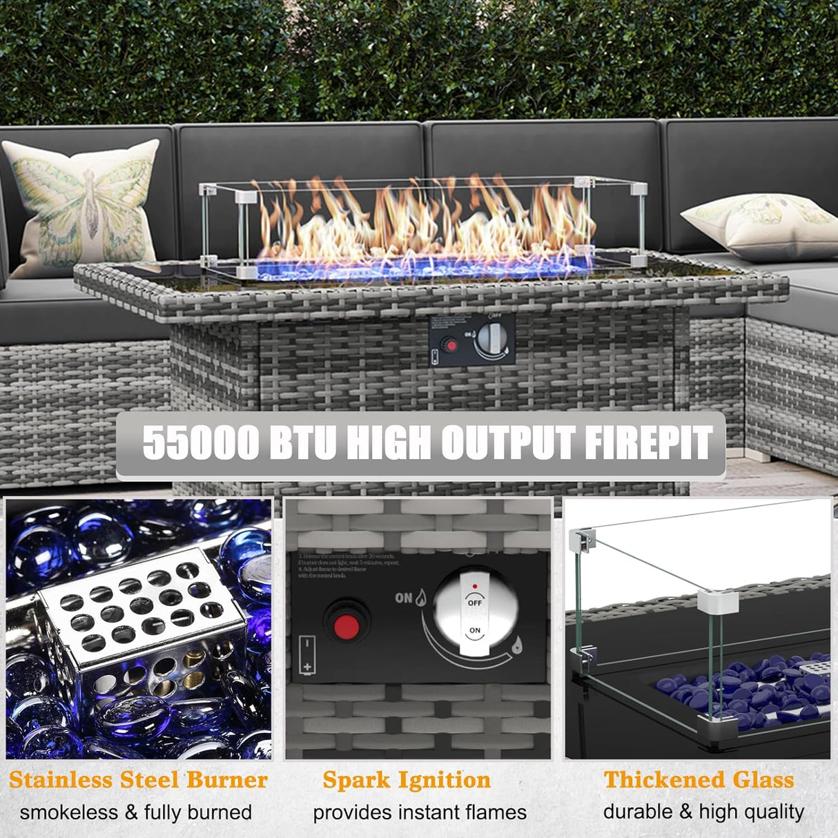 LayinSun Juego de muebles de patio de 8 piezas con mesa para fogata, juegos de conversación al aire libre, sofá modular de ratán de mimbre con mesa de café