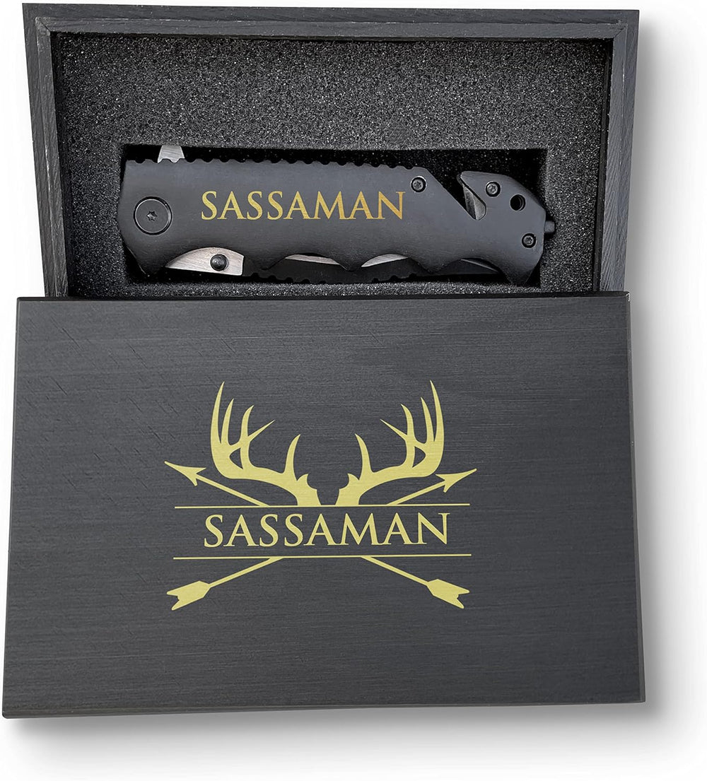 Cuchillo personalizado prémium con caja grabada, negro