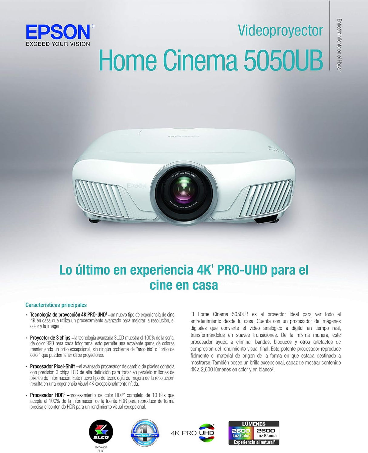 Proyector 4K PRO-UHD Epson, HDR, 3 Chips, Home Cinema 5050UB