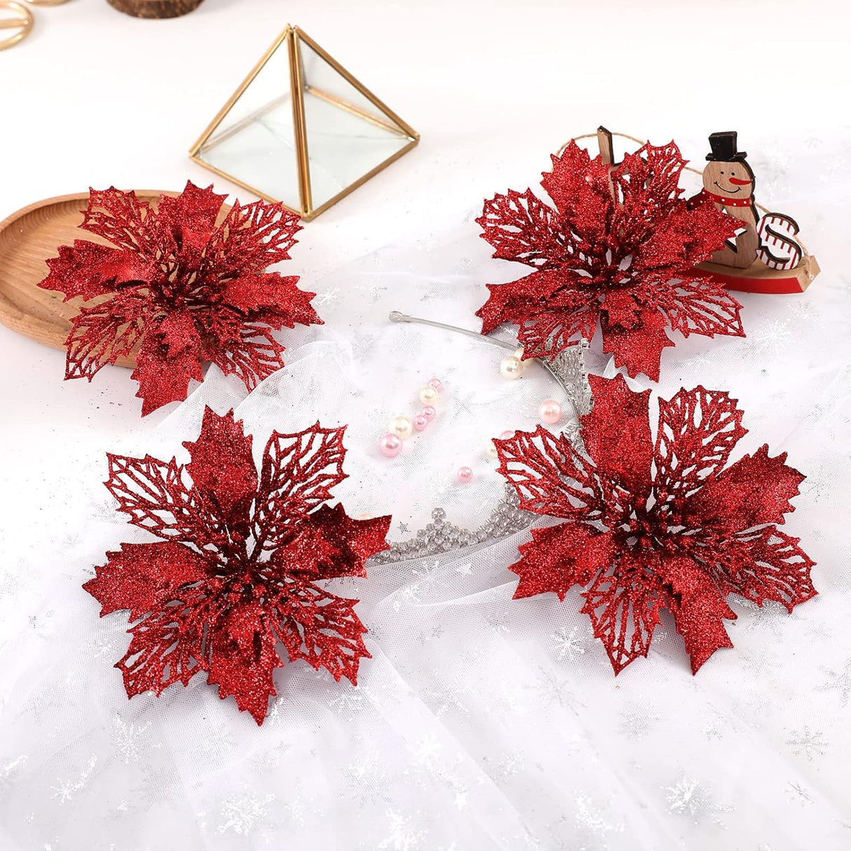 Flores Poinsettia Artificiales Wironlst - 16 Pcs Decoración Navideña