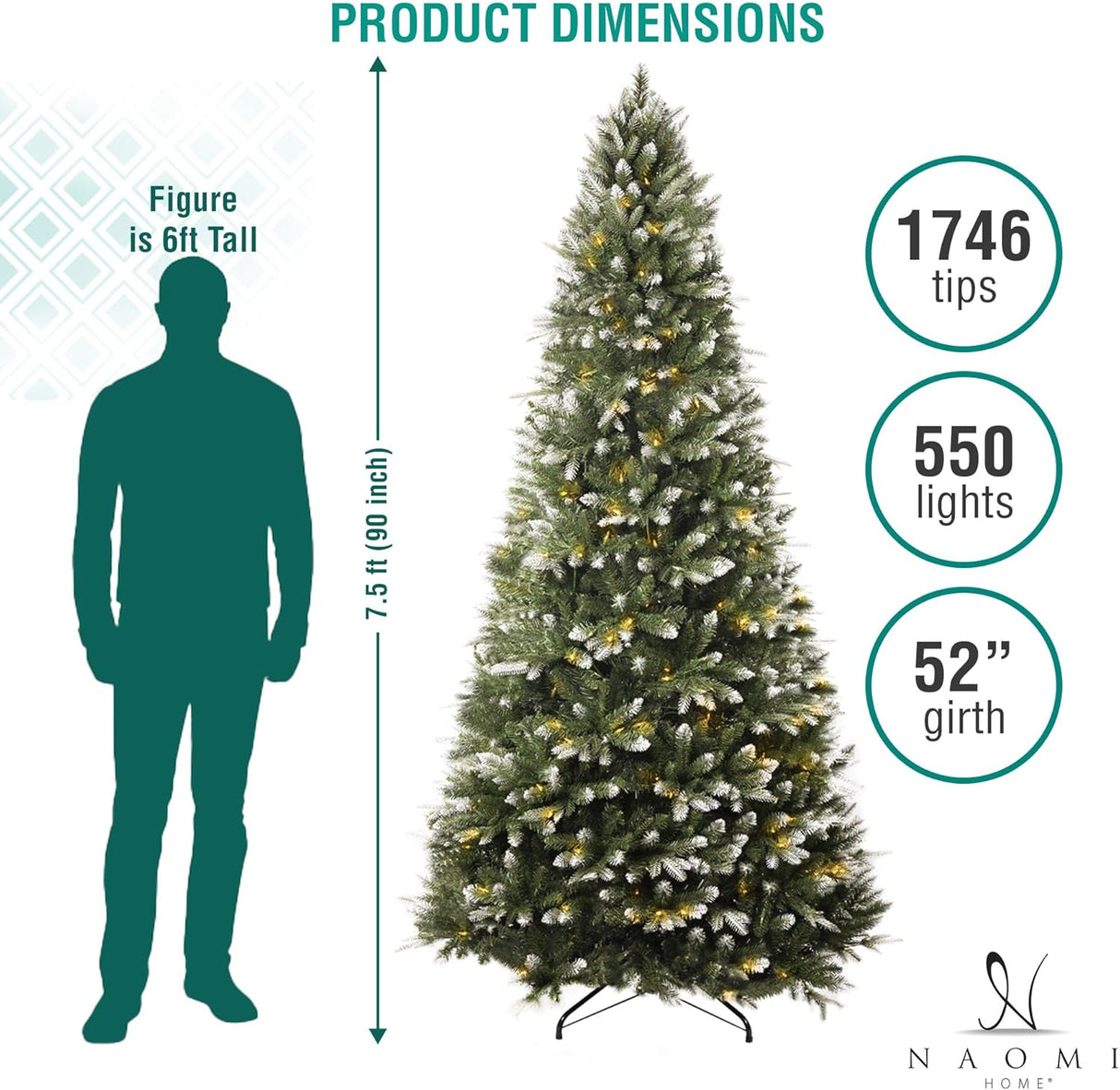 Árbol de Navidad Artificial 7.5ft con Luces y Punta Nevada