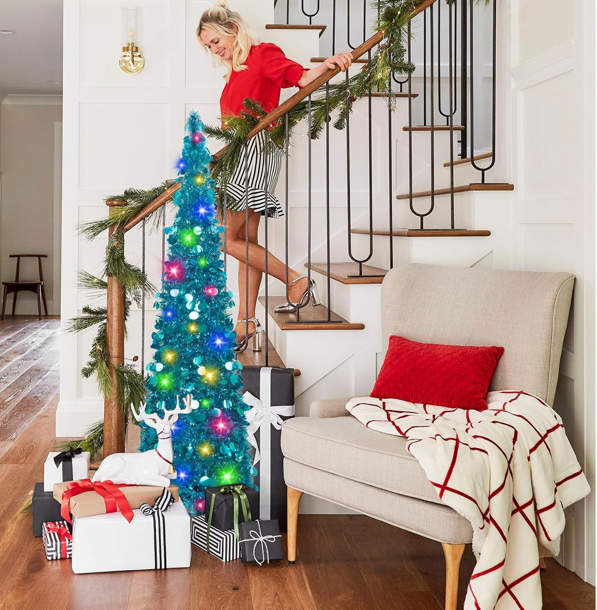 Árbol de Navidad Tinsel 5ft MACTING con Luces, Fácil Montaje