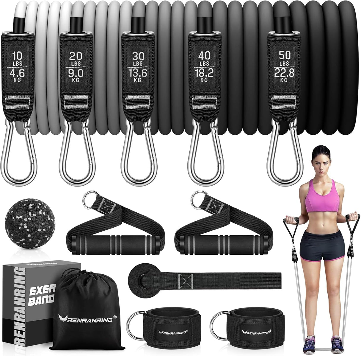 Bandas de Resistencia 150 lbs con Asas y Tobilleras Fitness