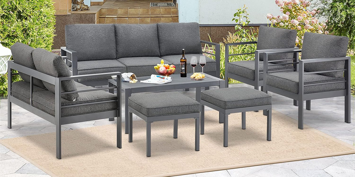 AECOJOY Muebles de patio modernos de aluminio con mesa auxiliar, juego de 7 piezas para conversación al aire libre con cojines gris oscuro para balcón, porche, césped y más