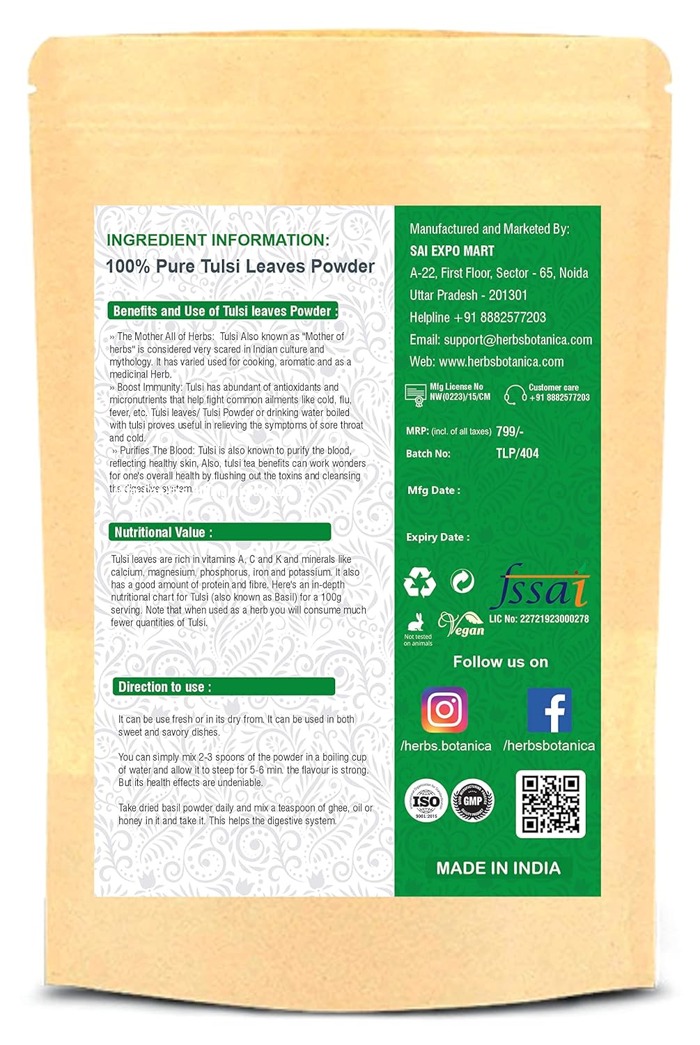 Polvo de Tulsi Orgánico Vitalidad y Bienestar - Ocimum Sanctum