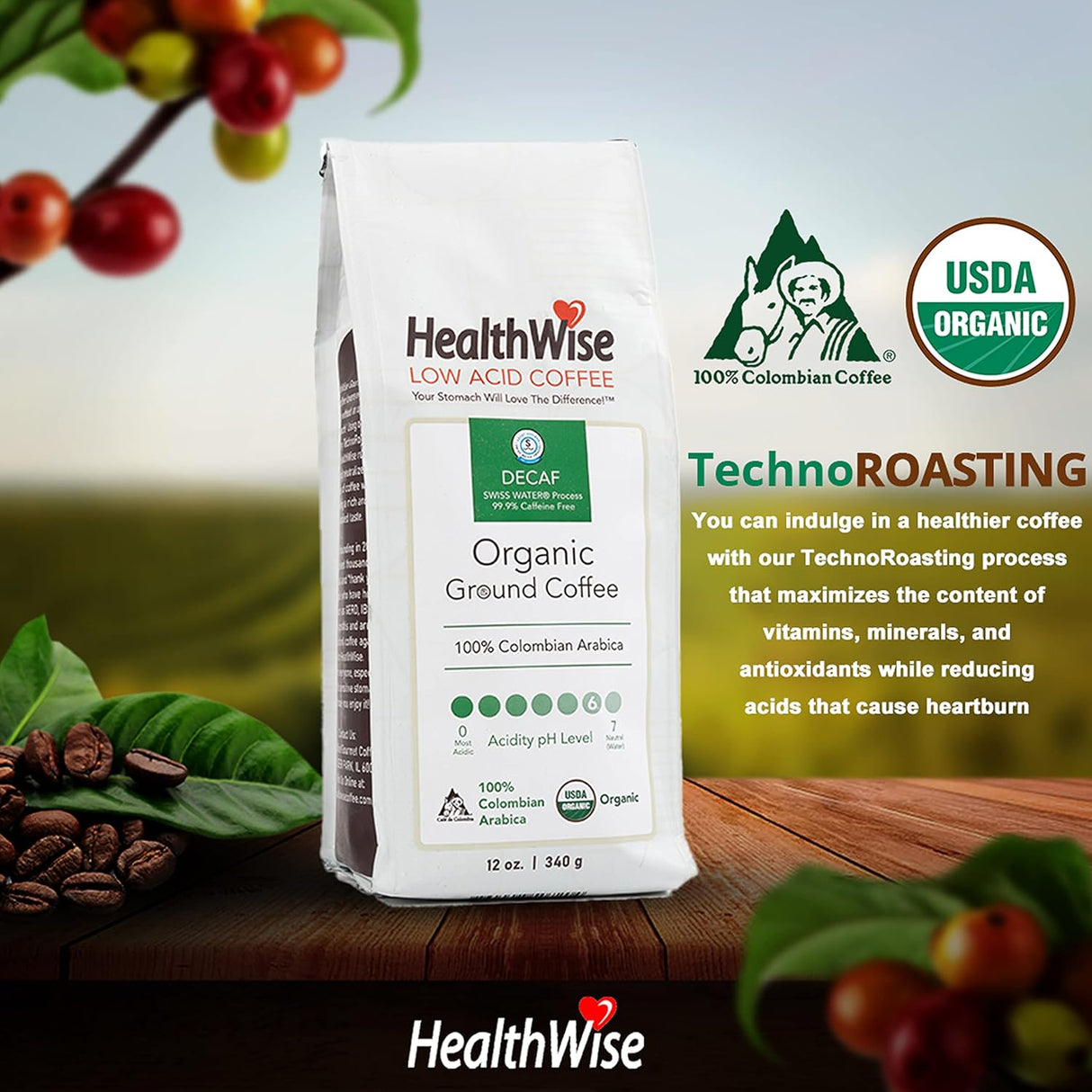 Café Molido Orgánico Bajo en Ácido HealthWise 100% Colombiano 12 oz