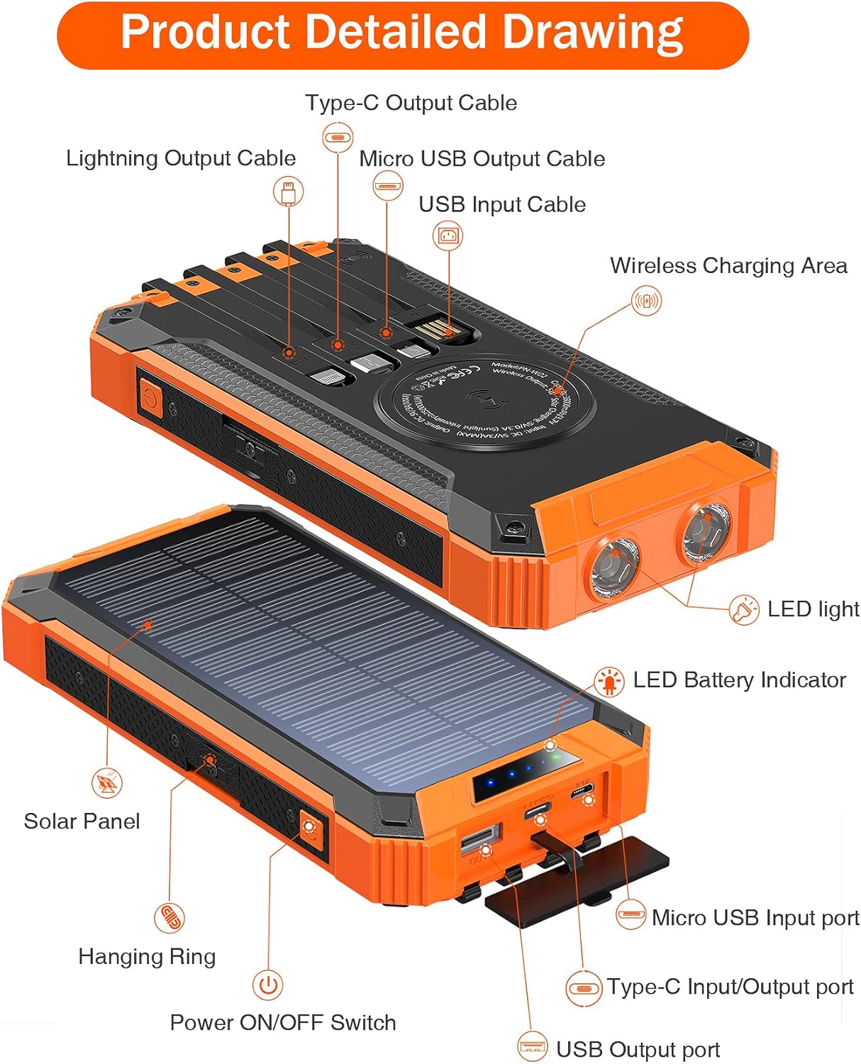 Cargador de energía solar de 36000 mAh integrado 4 cables