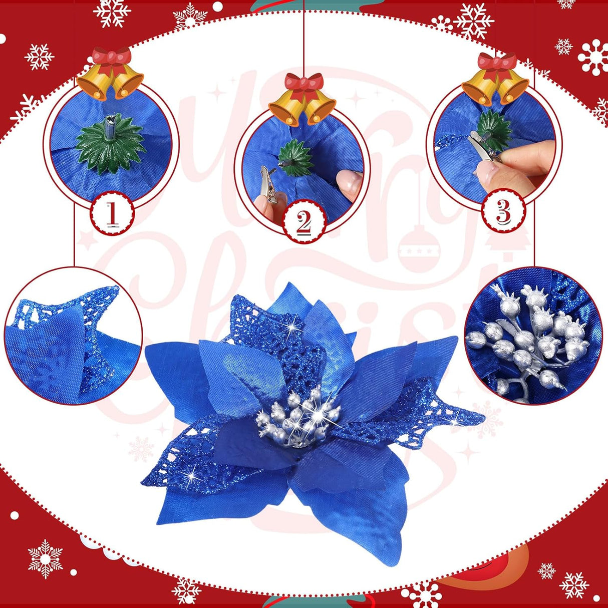 Flores Artificiales Poinsettia Willbond, 36 Piezas, Glitter