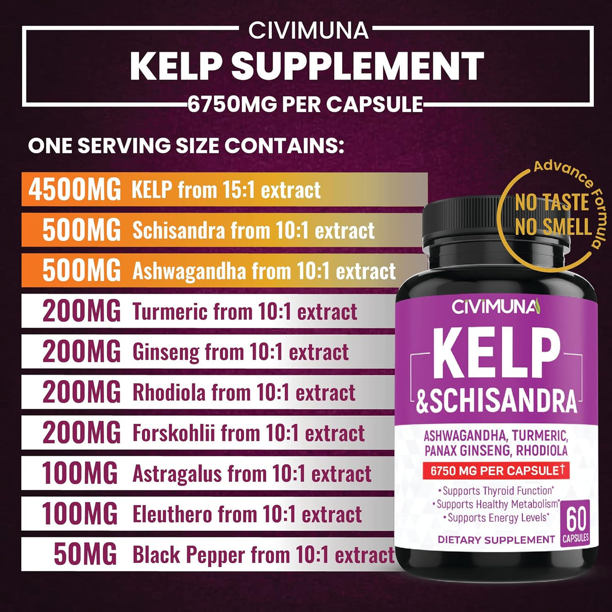 Cápsulas de algas Kelp 6550mg - Kelp Schisandra Ashwagandha
