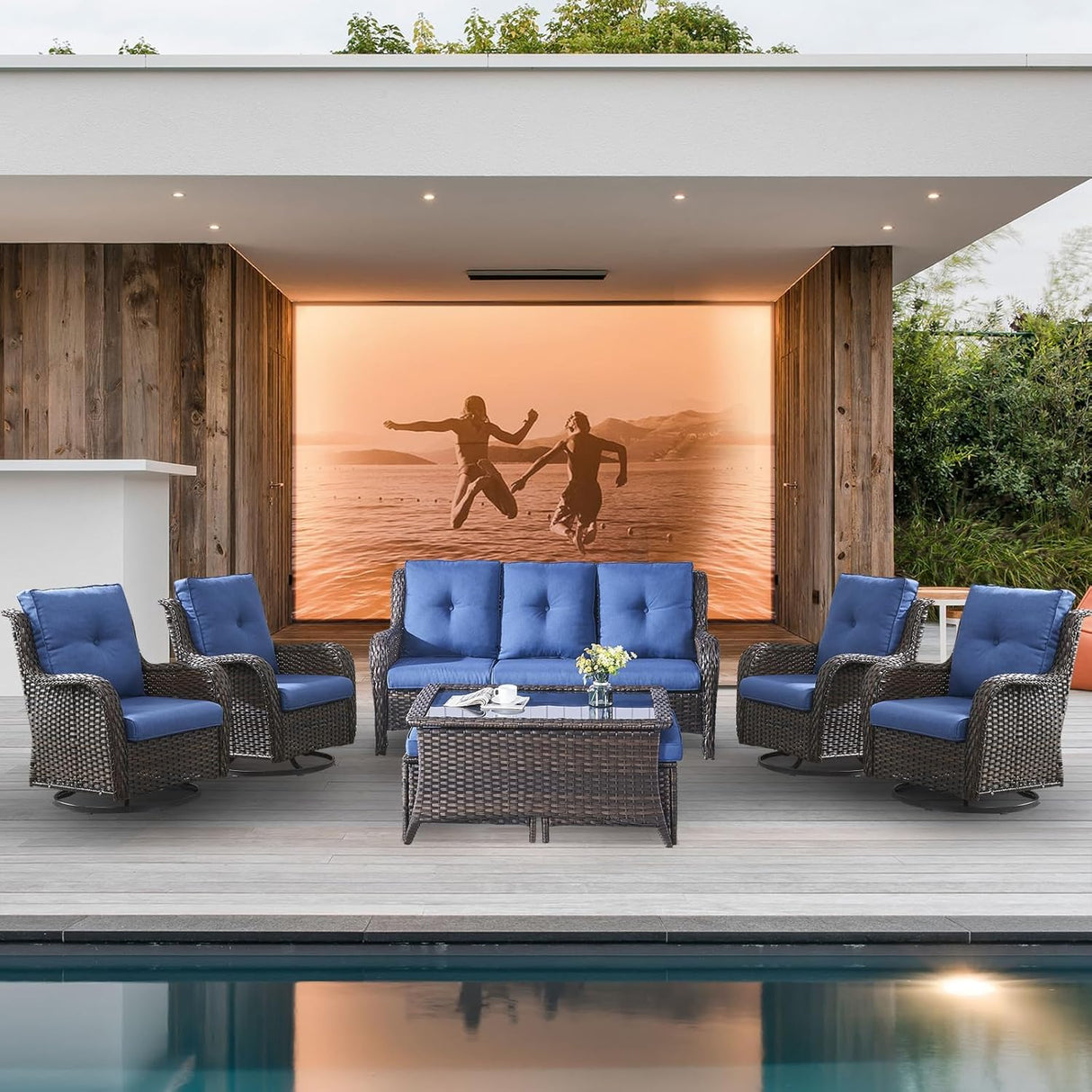 Belord Juegos de muebles de mimbre para patio, 8 piezas de muebles de ratán para exteriores con 4 sillas mecedoras giratorias, sofá de ratán, otomanas de mimbre y mesa auxiliar, marrón/azul