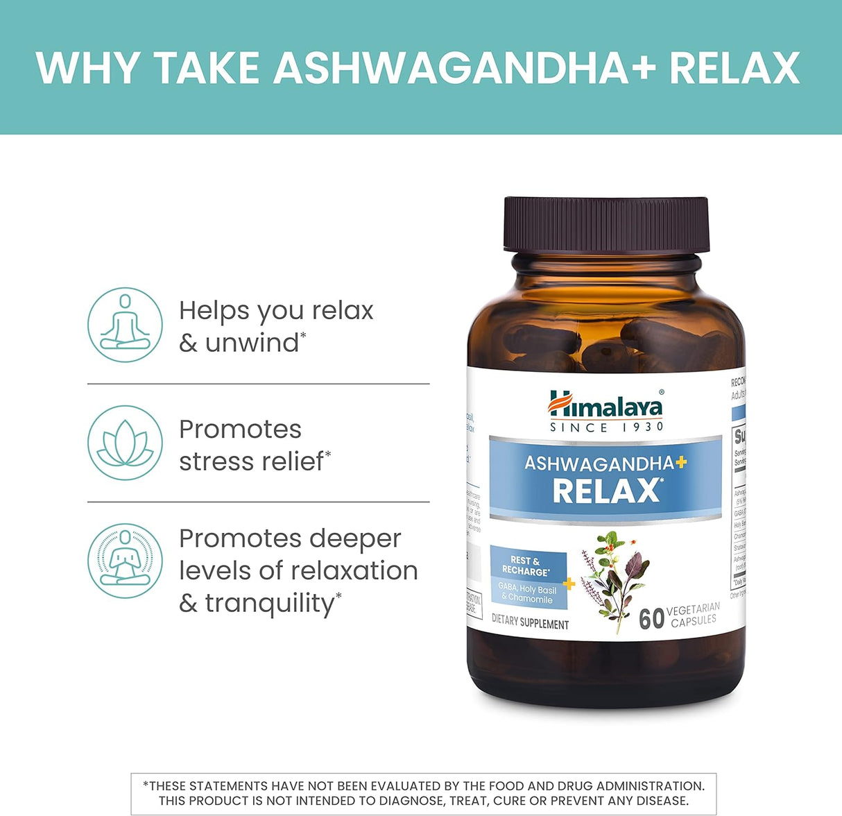 Ashwagandha+ Relax Himalaya, GABA, Albahaca Sagrada, 60 Cápsulas