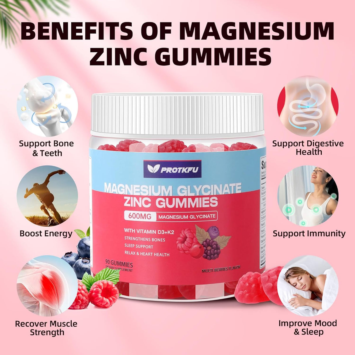 Gomitas de Magnesio Glycinate 600mg, 90u, Sin Azúcar