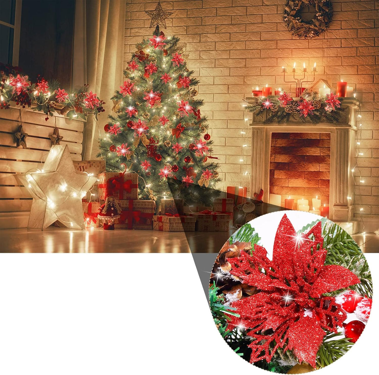 Flores Artificiales Poinsettia Boao 24 Piezas Decoración Navidad