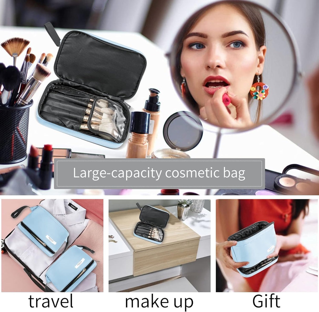 bolsa para cosmeticos color azul Queboom