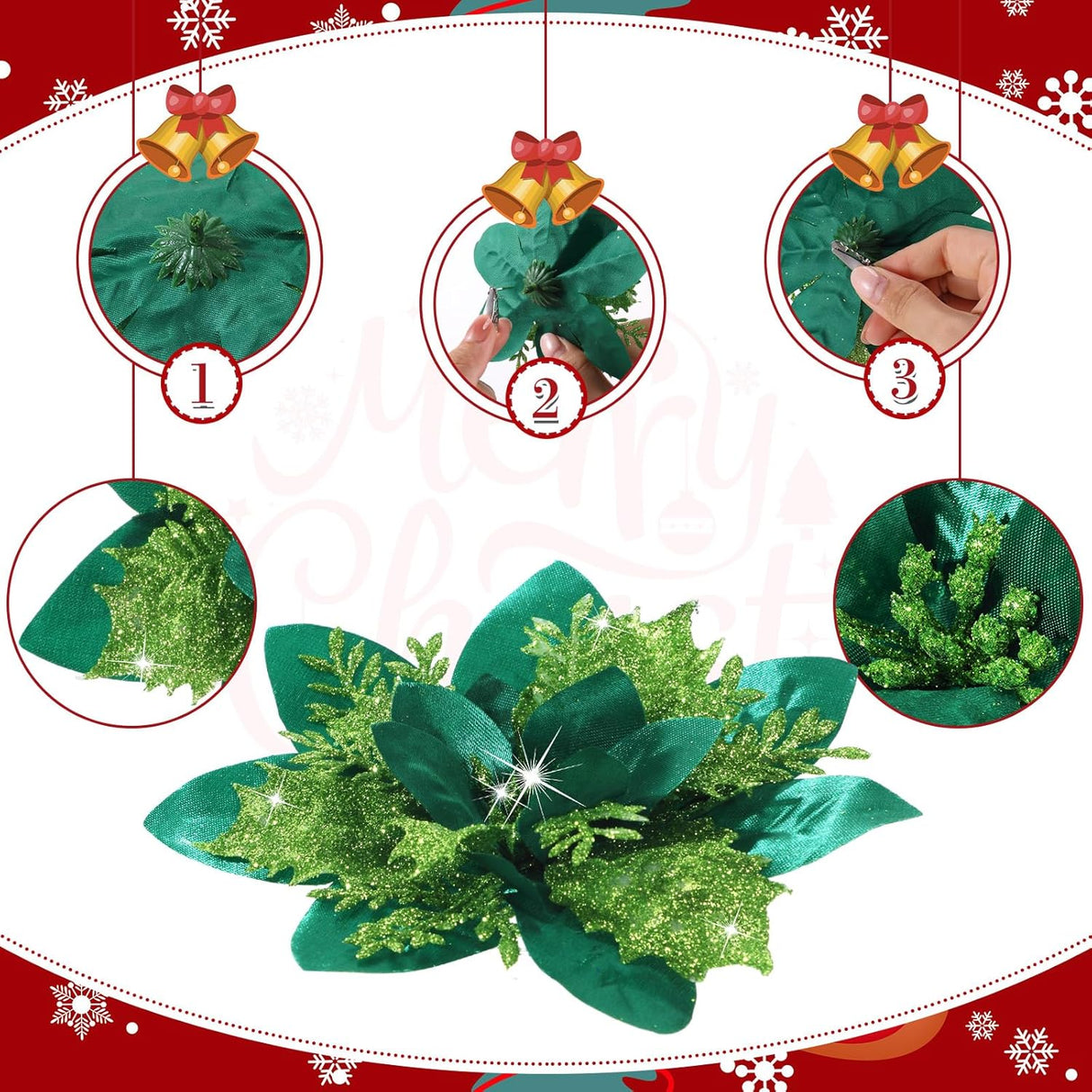 Flores Poinsettia Artificiales Glitter para Navidad, 36 Pcs