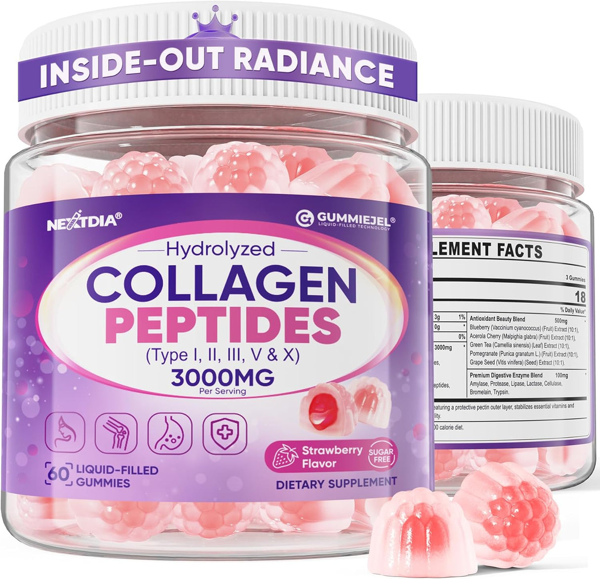Gummies de Colágeno 3000mg, Antioxidantes y Enzimas, 60 unidades