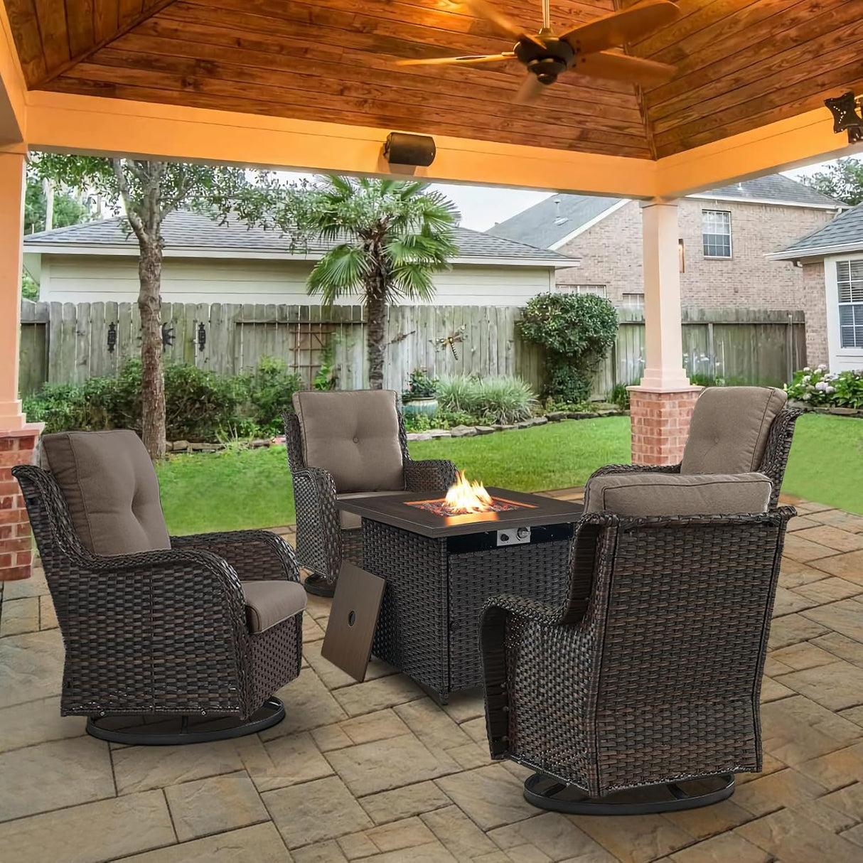 Belord Juego de muebles de mimbre de patio de 5 piezas, 4 sillas giratorias para exteriores con mesa para fogata de propano, juego de conversación cálido para patio, cojín gris, perfecto para