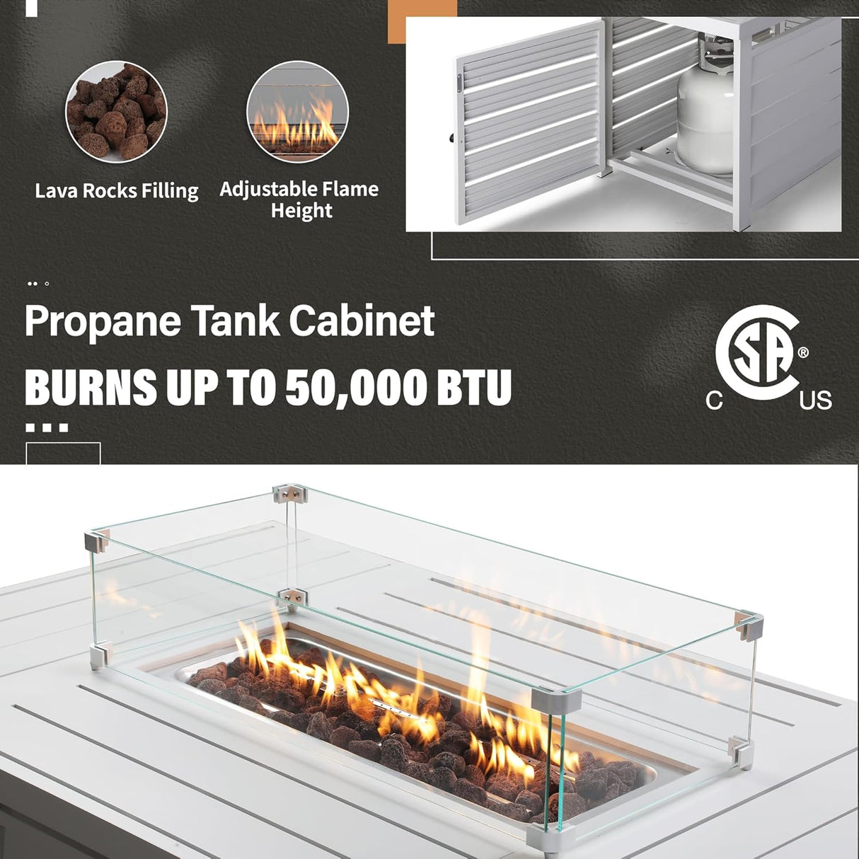 Solaste Juego de muebles de aluminio para patio con mesa para fogata, muebles de exterior de metal de 4 piezas con cojines resistentes al agua, juego moderno de conversación de patio para balcón, porche delantero y patio trasero, color blanco