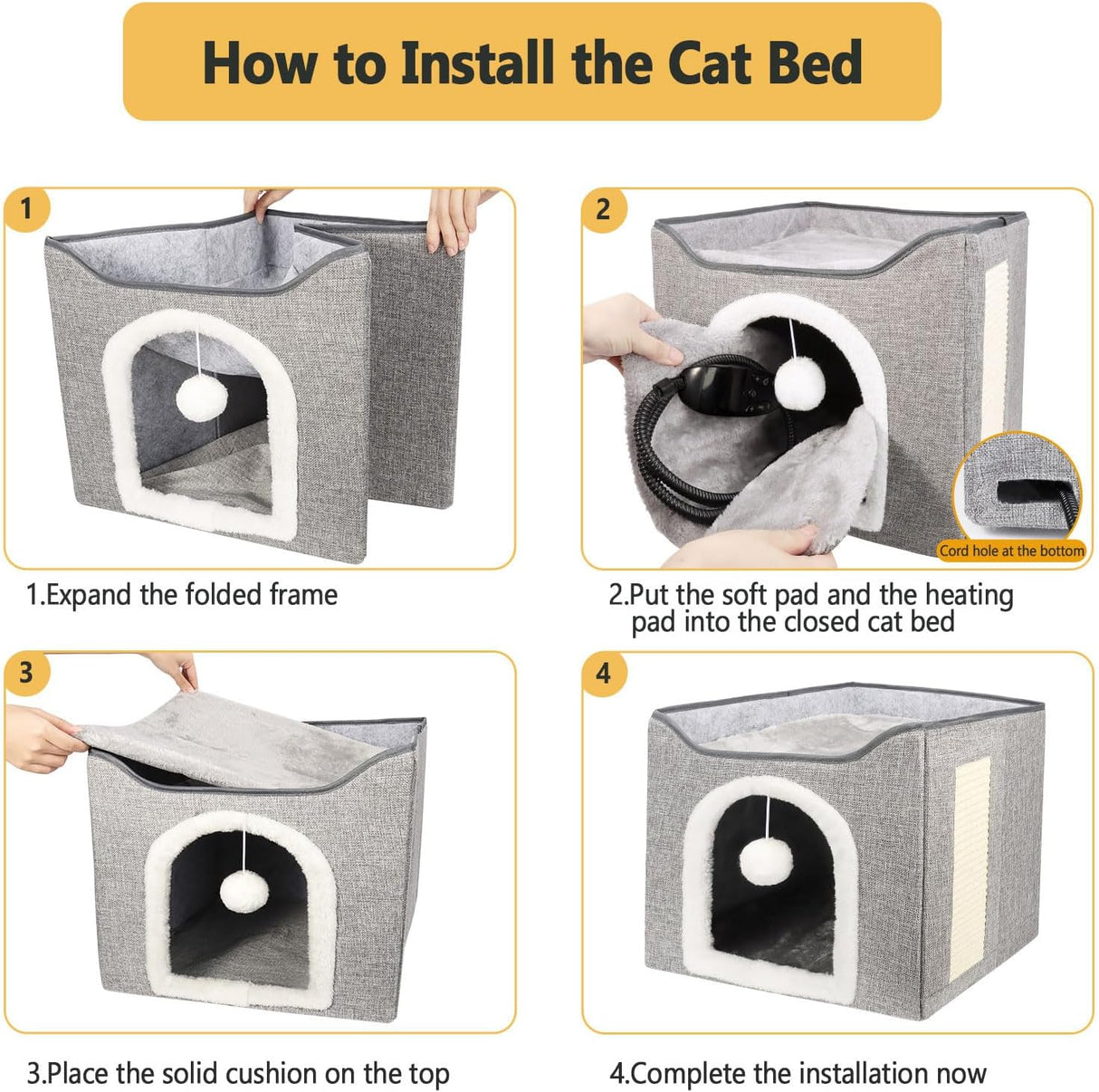 Cama Térmica para Gatos, Casa Plegable con Almohadilla Caliente