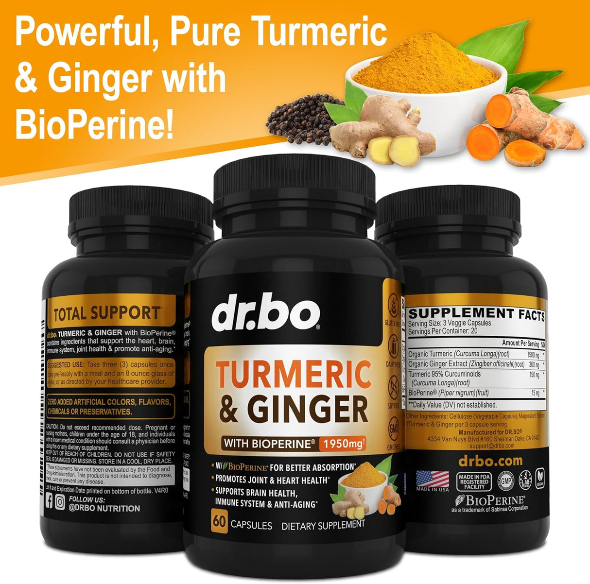 Suplemento de Cúrcuma Jengibre BioPerine para Articulaciones