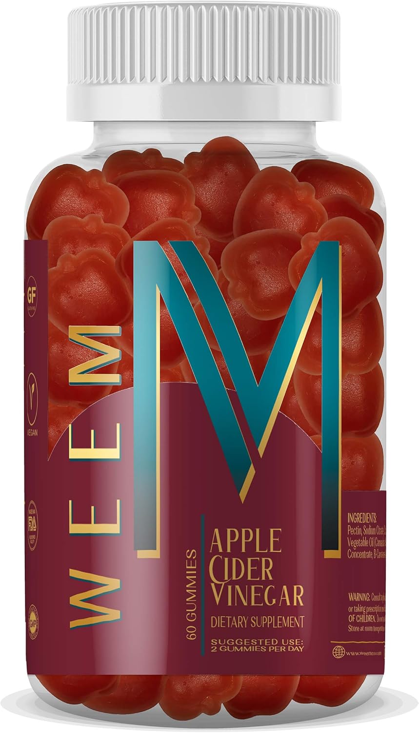 WEEM Gomitas de vinagre de sidra de manzana, natural, vegano con ácido fólico, sin gluten, vitamina B12, suplemento de desintoxicación y peso premium, ayuda a la digestión para mujeres y hombres