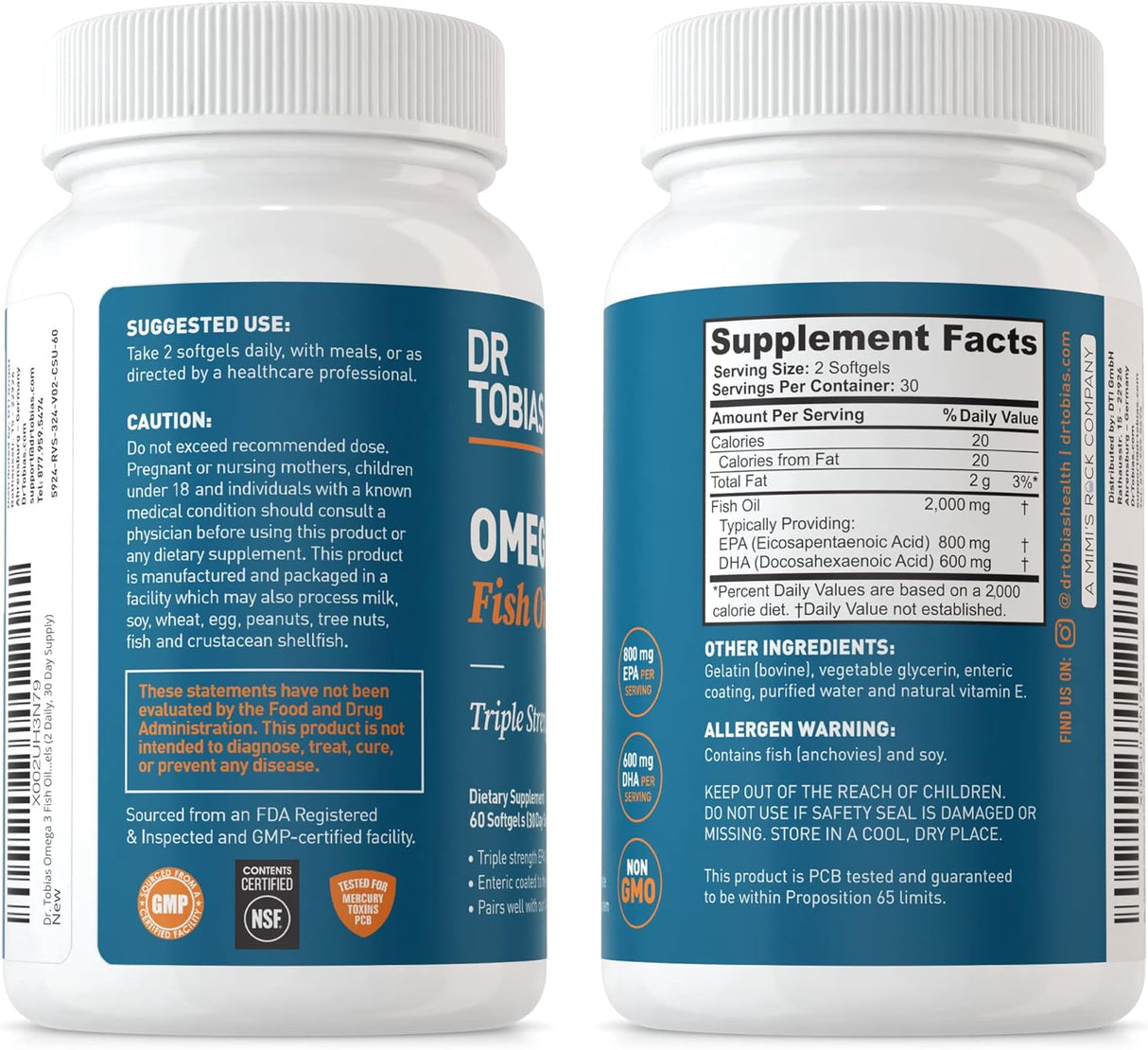 Suplemento Omega 3 Dr. Tobias 2000mg 60 cápsulas blando
