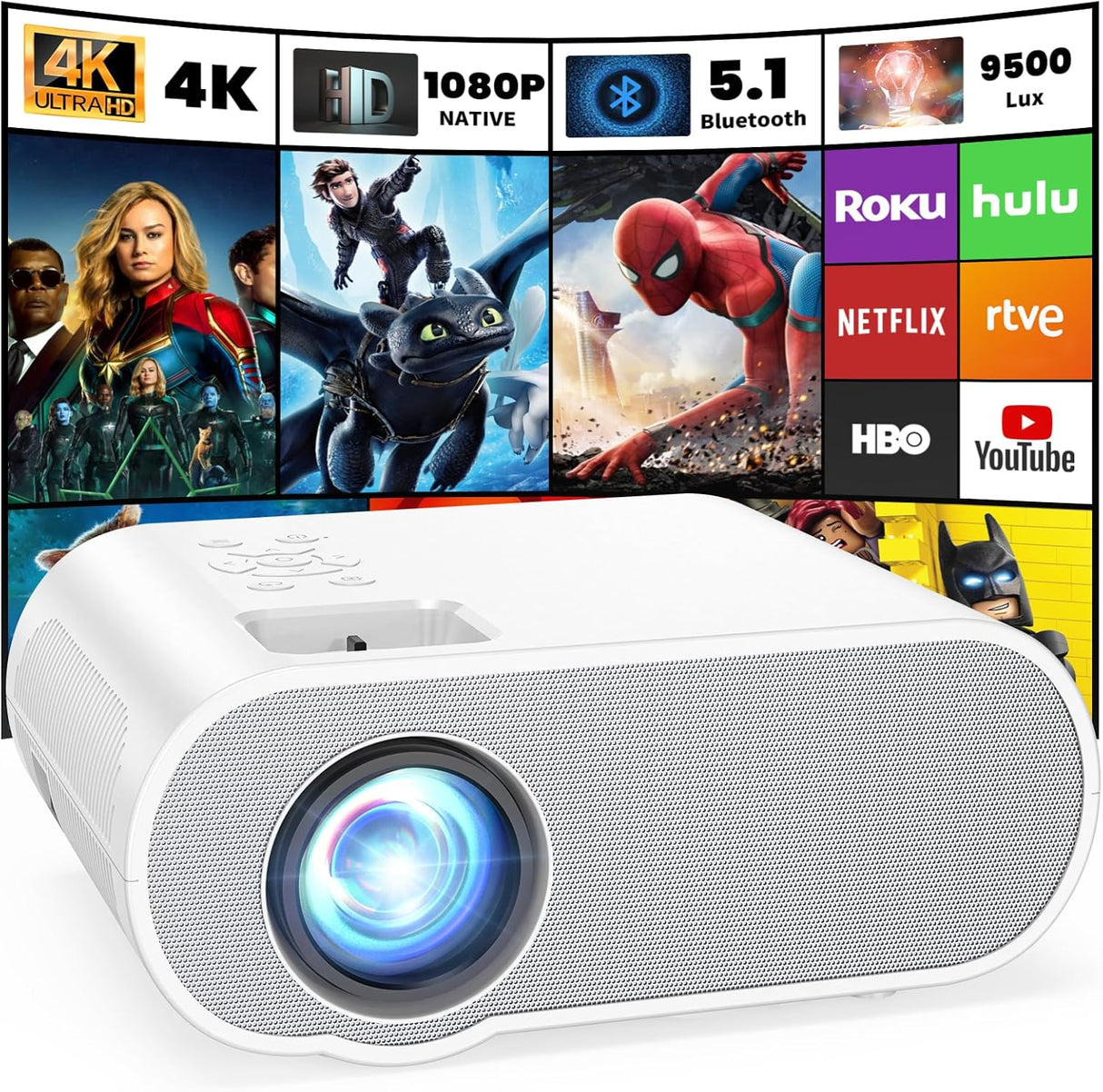 Proyector 1080P Full HD Bluetooth, portátil, compatible con PS5
