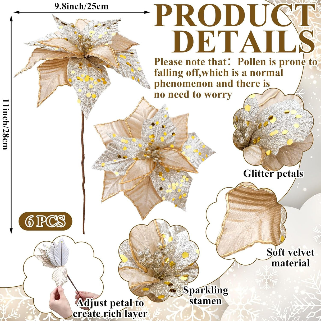 Flores Poinsettia Artificiales Hotop 11 con Stem Largo 6 Pcs