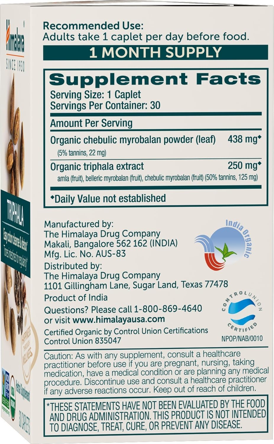 Himalaya Suplemento de hierbas orgánicas Triphala para limpieza de colon, apoya la regularidad, hinchazón ocasional, eliminación de residuos, USDA orgánico, sin OMG, vegano, 688 mg, 30 cápsulas a base