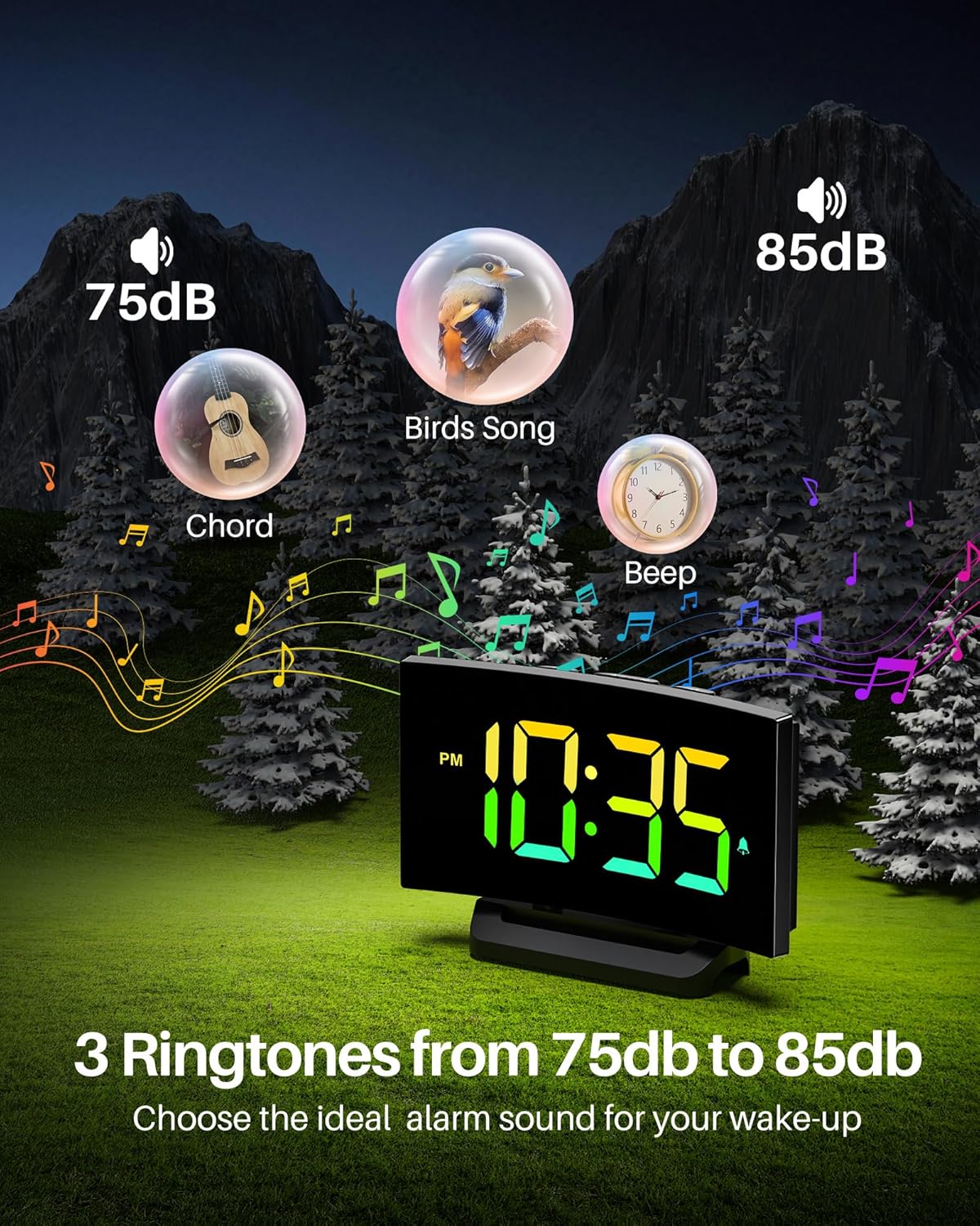 Reloj Despertador Digital Curvo con 5 Brillos, 2 Volúmenes, 3 Tonos