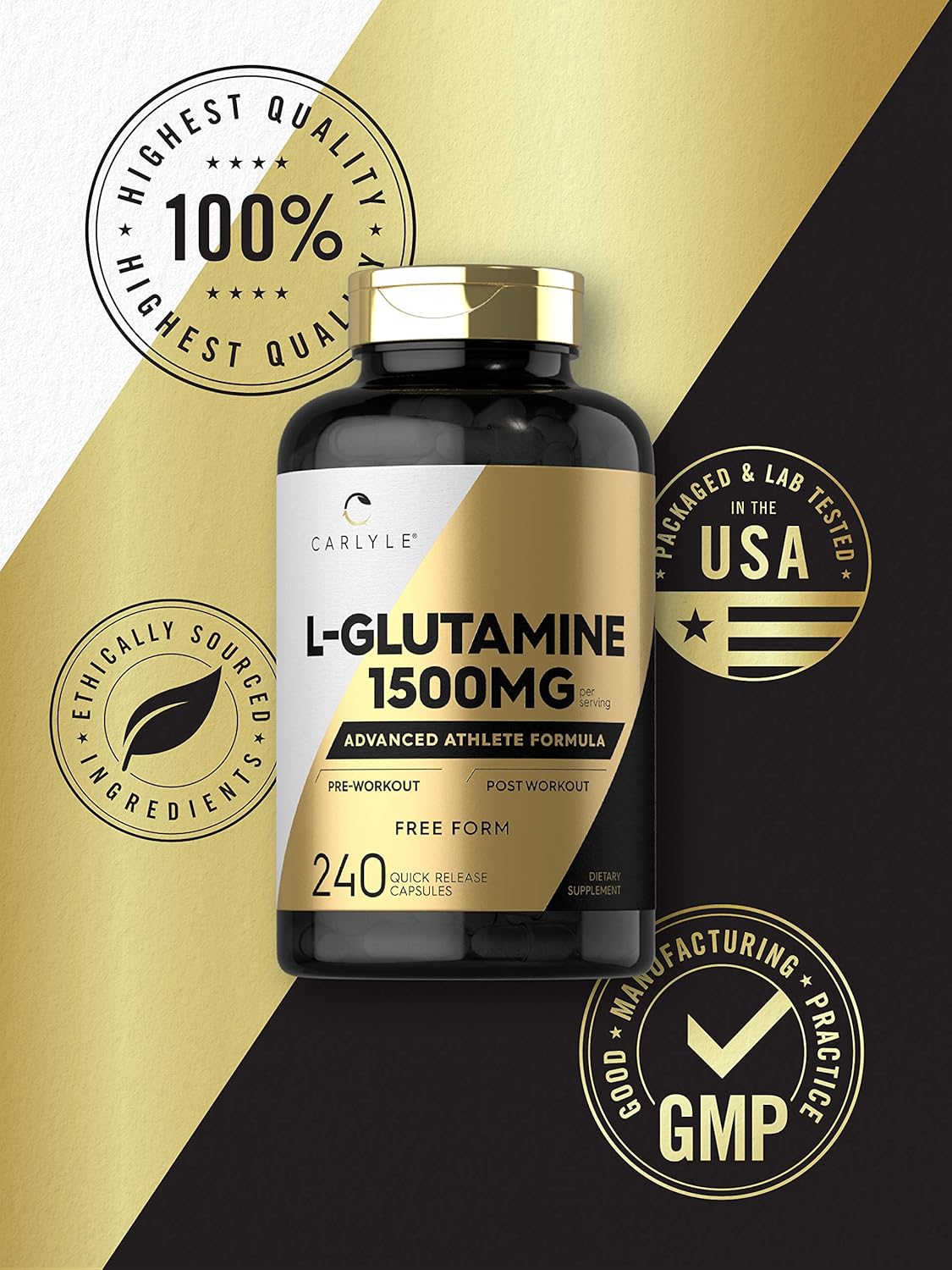 Cápsulas de Glutamina 1500mg Carlyle | 240 Conteos | Sin GMO