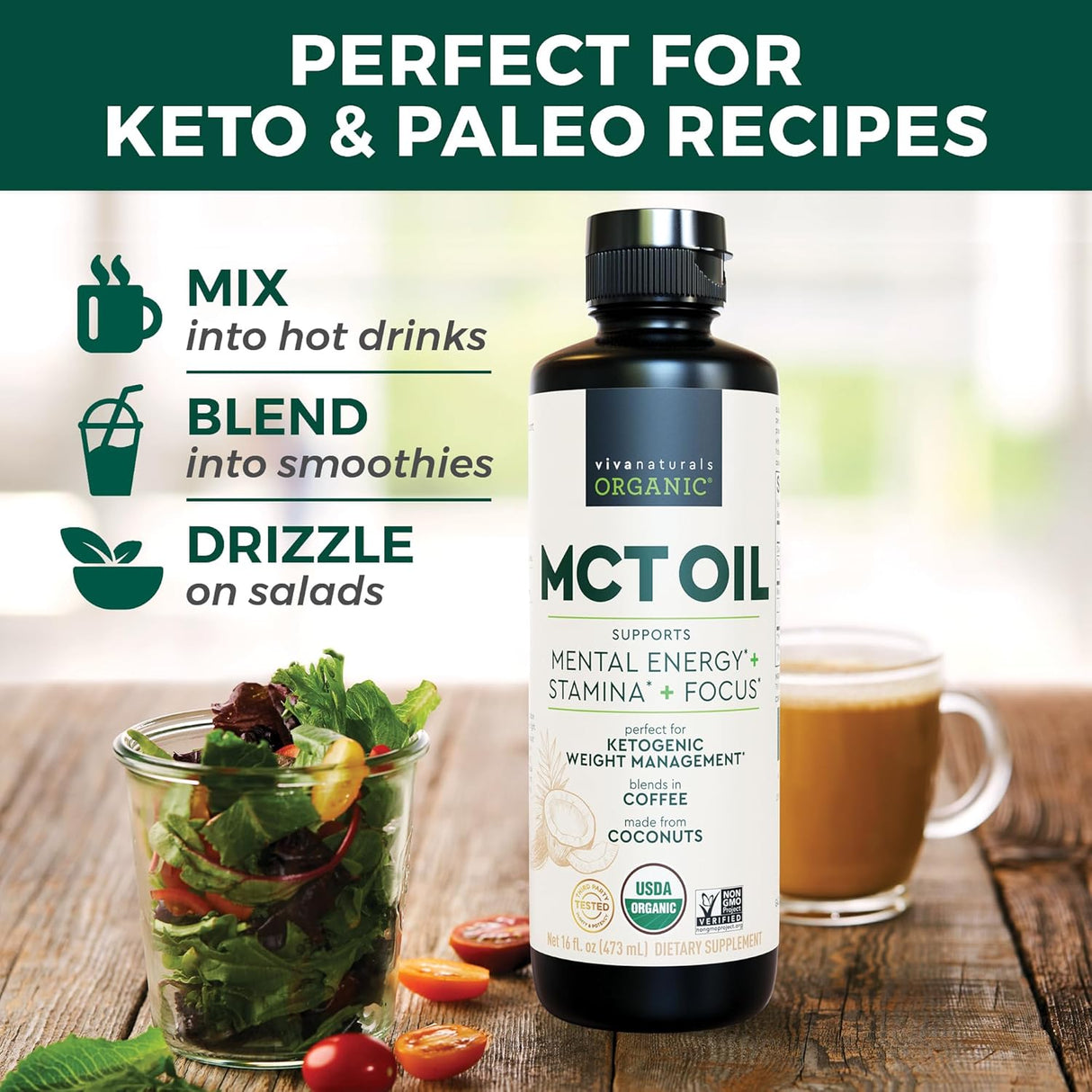 Aceite MCT Orgánico 16 oz - Viva Naturals, Energía y Keto