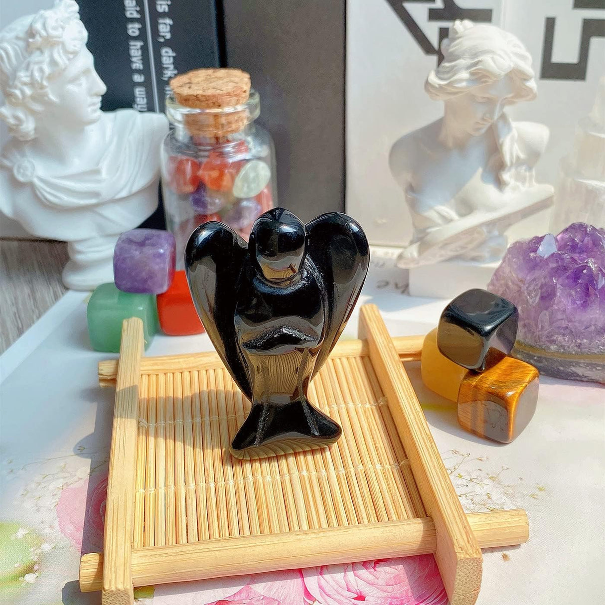 QINJIEJIE Cristales de ángel de obsidiana negra, decoración de ángel de la guarda de bolsillo curativo pulido, piedra preciosa tallada, estatua de ángel de la paz, regalo espiritual, protección para