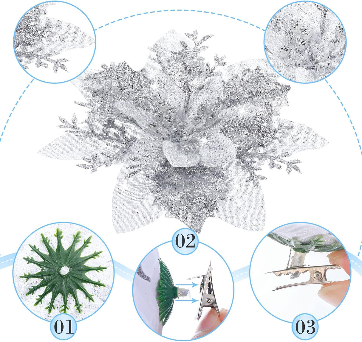 Flores Poinsettia Artificiales, 36 Pcs, 3-6 Pulgadas, Clips