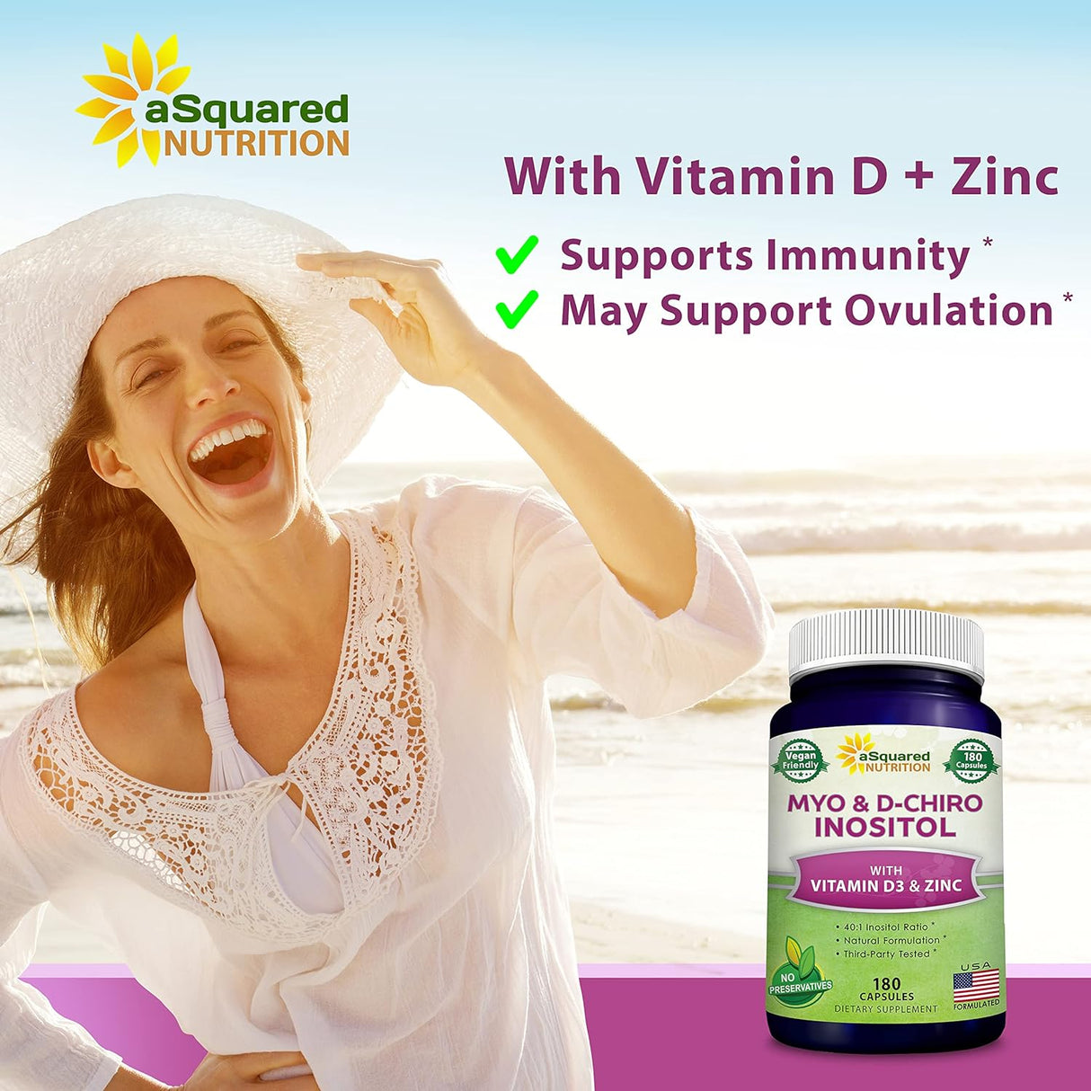 aSquared Nutrition Suplemento de mio-inositol y D-Chiro inositol - 180 cápsulas - Más vitamina D3 y zinc - Proporción de mio y D-Chiro inositol 40 a 1 - Píldoras del complejo VIT B8