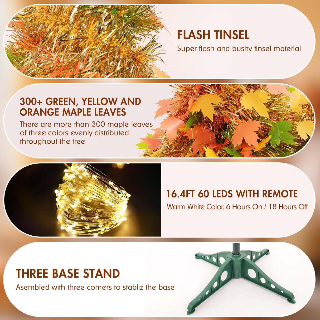 Árbol de Otoño 5FT - Tinsel con 60 Luces LED, Plegable, Modelo: 123