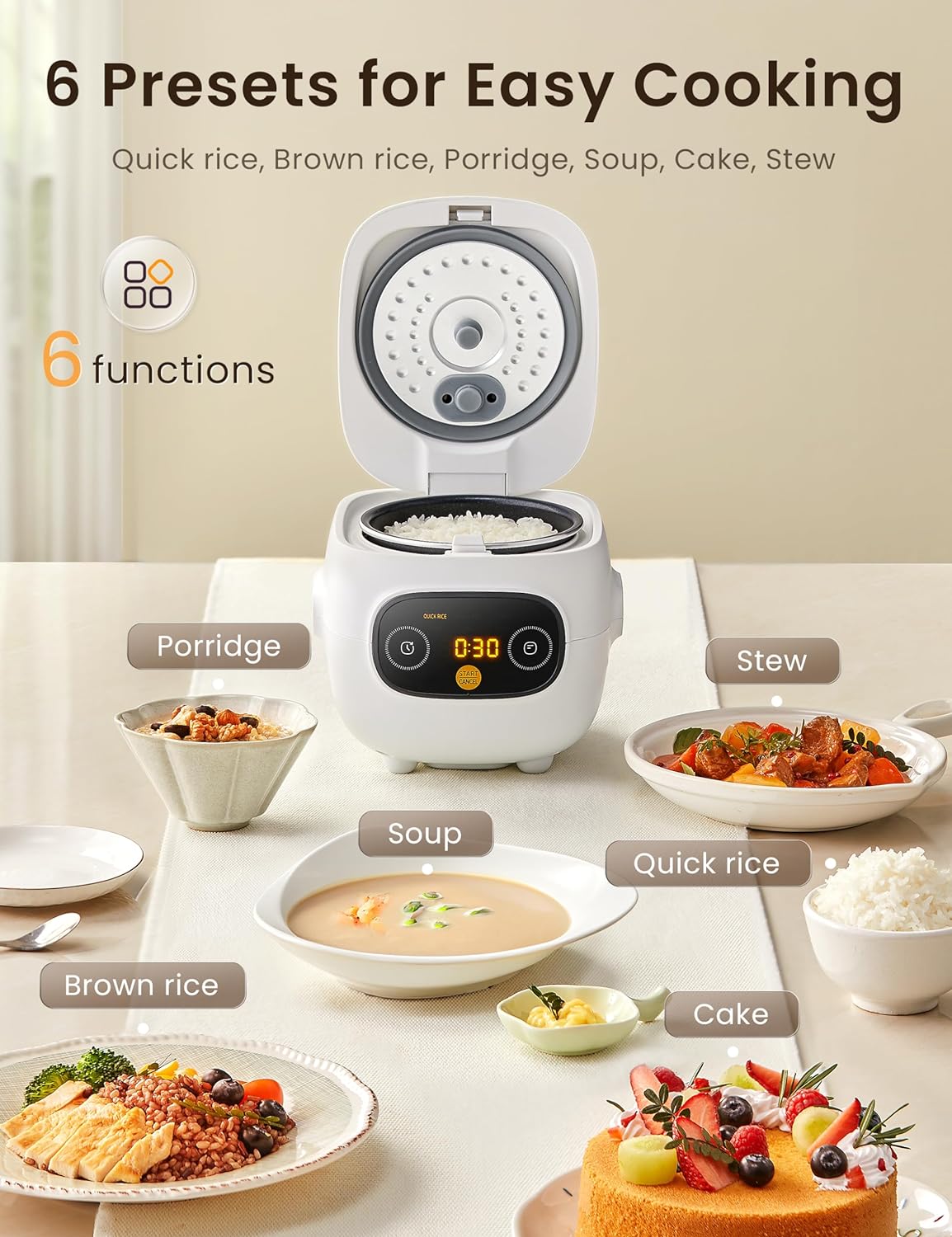 Arrocera COMFEE mini 5 tazas, portátil, 6 funciones, 2.5 tazas