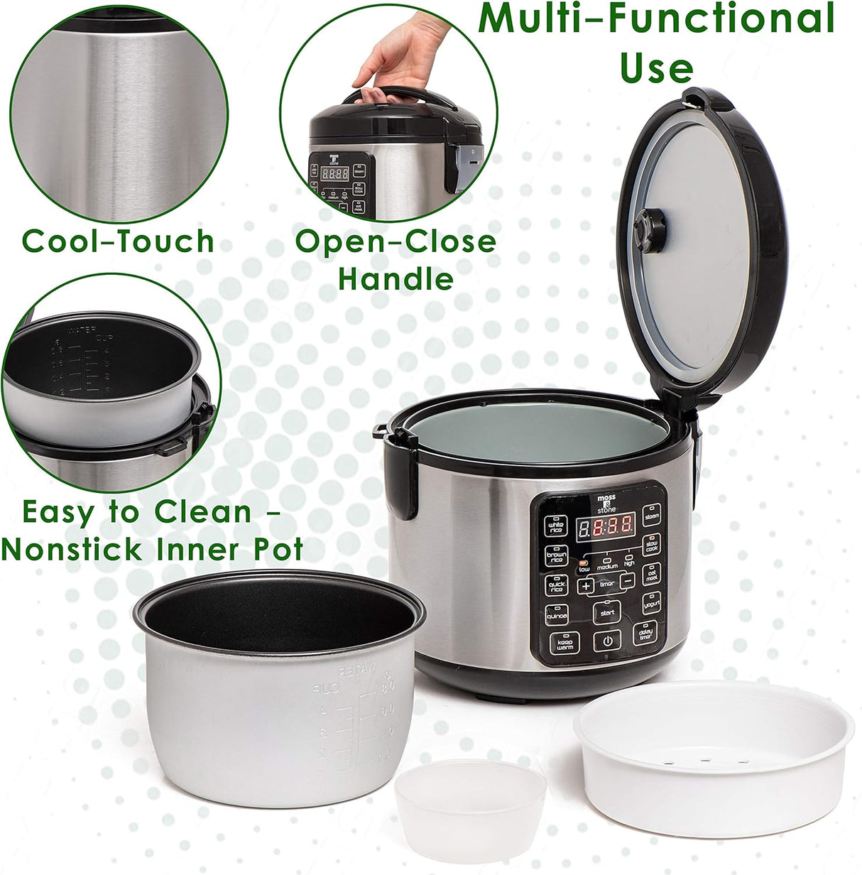 Cocinero de arroz eléctrico Moss & Stone, 4-8 tazas, 10 modos