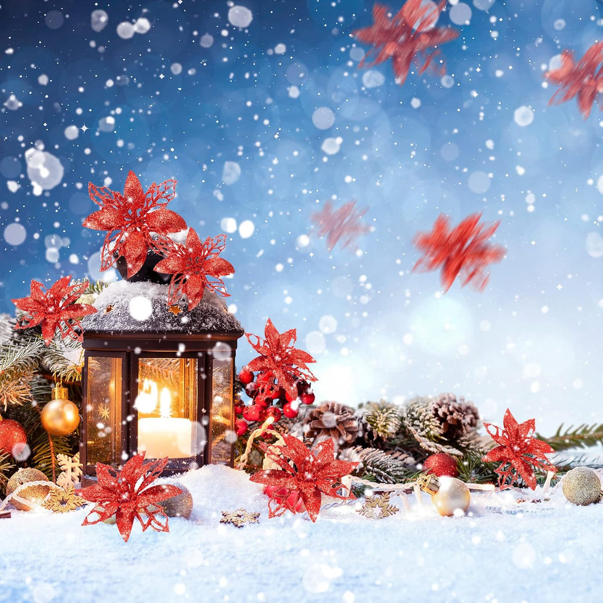 Flores Artificiales Poinsettia Boao 24 Piezas Decoración Navidad