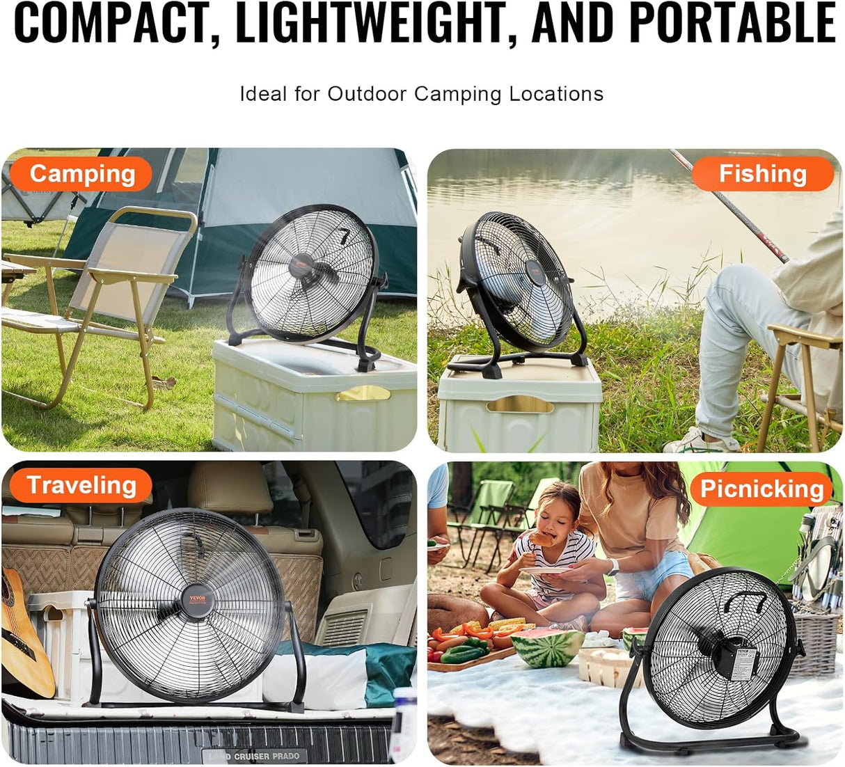VEVOR Ventilador de piso recargable 16'', 360° pivotante, potente