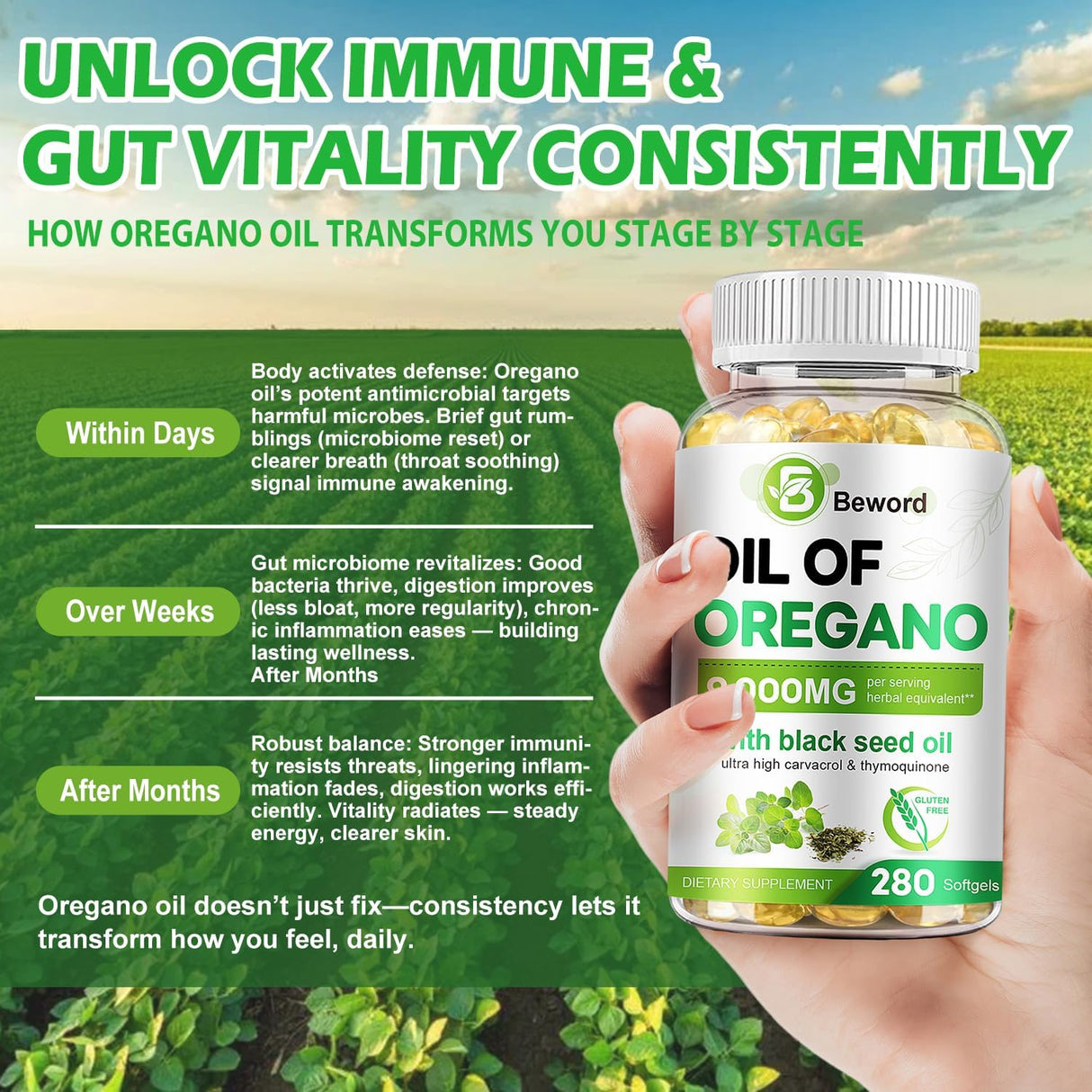 Aceite de Orégano 280 cápsulas, refuerzo inmunológico